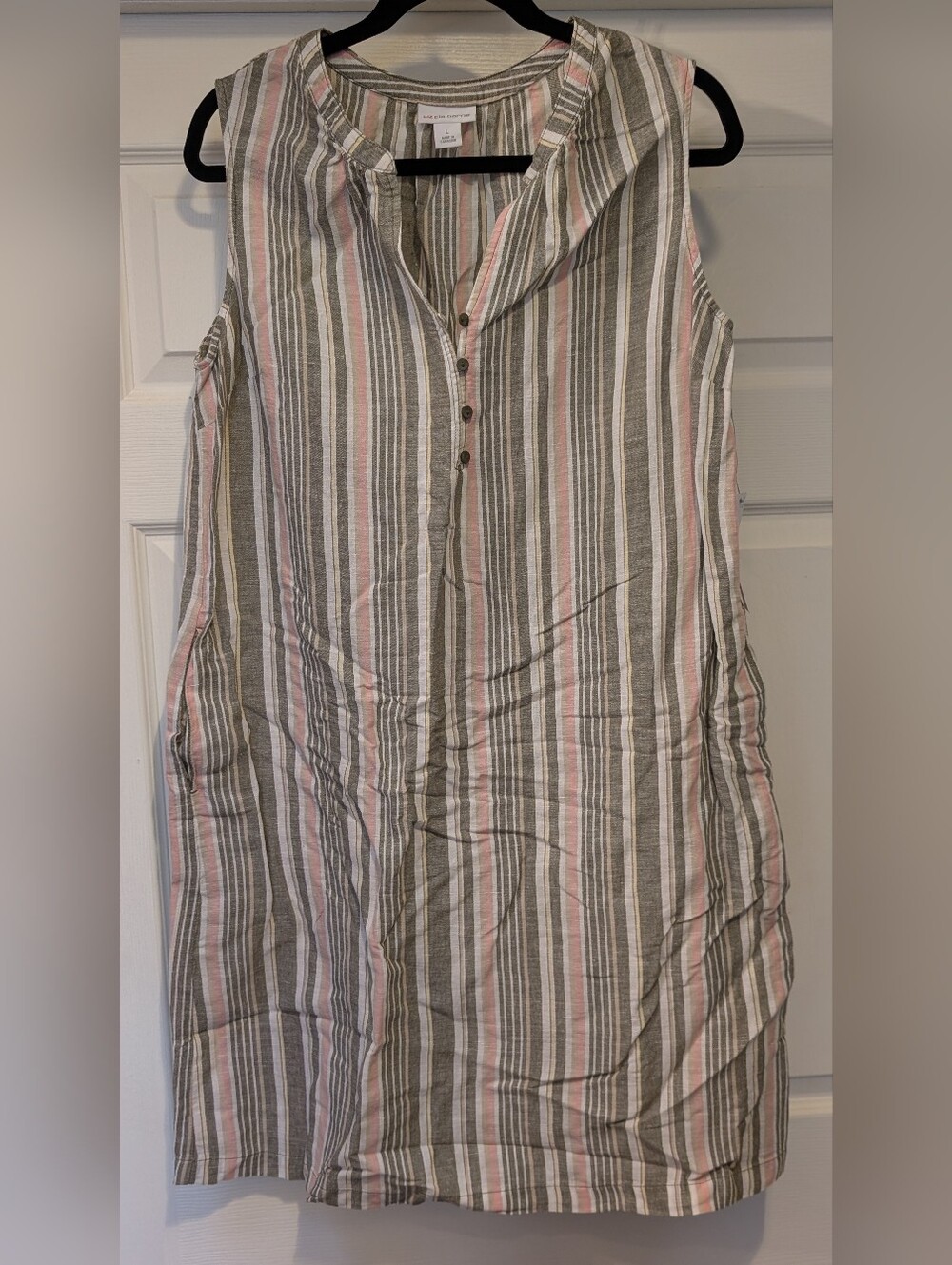NEW Liz Claiborne Womens Size L Olive Stripe Sleeveless Shift Dress Linen Cotton